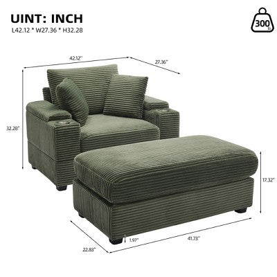 GDFStudio Ulen Modern Corduroy Upholstered Storage Chair with Ottoman and Detachable Cushions