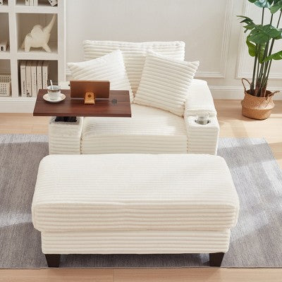 GDFStudio Siesta 42 Modern Corduroy Chair with Ottoman and Hidden Swivel Table