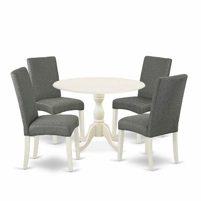 5-Piece Linen White Finish Solid Wood Top Dining table with 4 Chairs with Drop Leaf