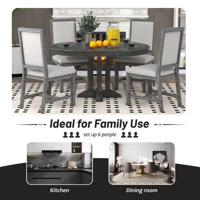 GDFStudio Salome 5 Piece Dining Set with Extendable Round Table and Upholstered Chairs