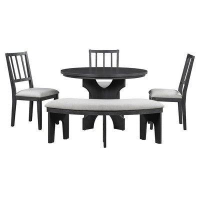 5-piece Rustic Charm Round Dining Set with 3 Upholstered Chairs and Curved Bench for Dining Room, Kitchen and Living room-ModernLuxe