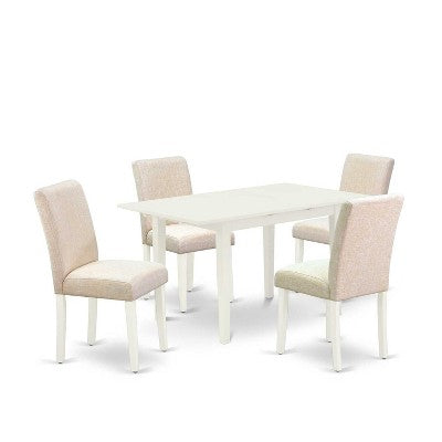 HomeStock 5-Pc Linen White Finish Solid Wood Top-Rectangular Upholstered Dining Room Set with Butterfly Leaf-Seats 4