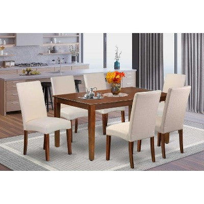 HomeStock 7-Pc Rectangle Mahogany Finish Solid Wood Top Dining Table with 6 Parson-Chairs