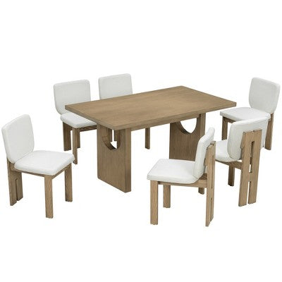7-Piece Retro Dining Set, 1 Rectangular Table with Designed Trestle Base and 6 Upholstered Chairs - ModernLuxe