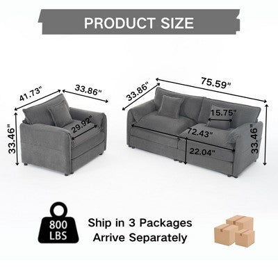 GDFStudio Jorah Modular 2 Piece Chenille Upholstered Sofa Set with 3 Pillows and Storage Pockets