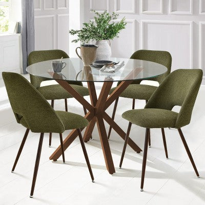 5-Piece Round Glass Dining Table Set with Upholstered Fabric Chairs, Modern Kitchen & Dining Room Furniture with Walnut Legs-Panipeachy