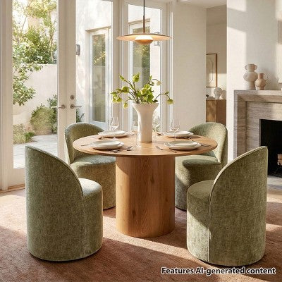 Dining Table Set for 4, Modern Barrel Chair with Wheels and Chenille Upholstery, Round Pedestal Table for Small-Dining Areas-Panipeachy