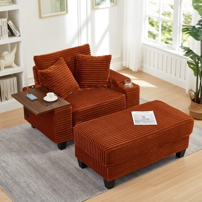 GDFStudio Siesta 42 Modern Corduroy Chair with Ottoman and Hidden Swivel Table
