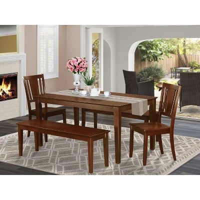 HomeStock 5-Piece Rectangle Mahogany Finish Solid Wood Top Dining Table with 2 Benches, 2 Chairs