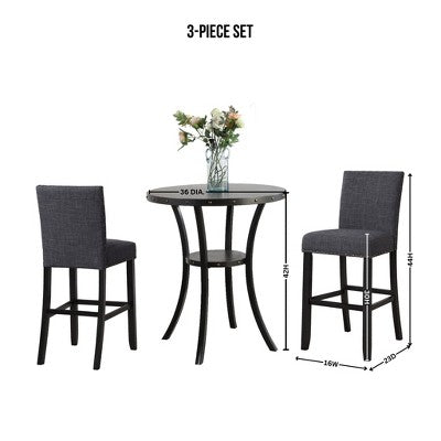 Biony 3-Piece 36 Round Espresso Finish Bar Table with 2 Gray Fabric Nail Head Pub Chairs