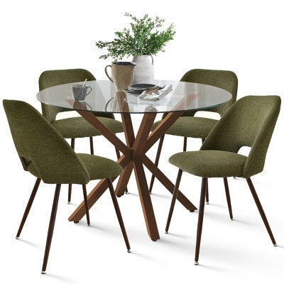5-Piece Round Glass Dining Table Set with Upholstered Fabric Chairs, Modern Kitchen & Dining Room Furniture with Walnut Legs-Panipeachy