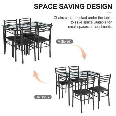 VECELO 5 Piece Dining Table Set with Glass Top Table & 4 Upholstered Chairs, Kitchen Rectangular Table Set Brown/Black