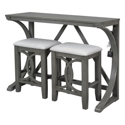 Farmhouse 3 Piece Counter Height Dining Table Set for 2, Wood Console Bar Table with USB Port and Upholstered Stools for Small Space