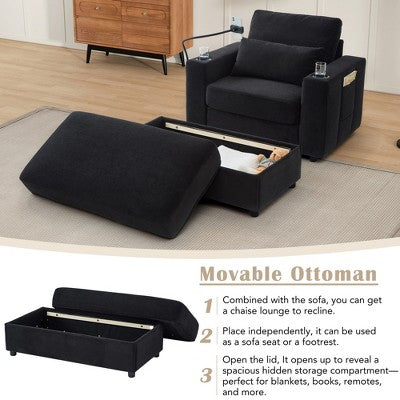 GDFStudio Roy Modern 42.5 Armchair Chaise Lounge Sofa with Movable Storage Ottoman and USB Ports
