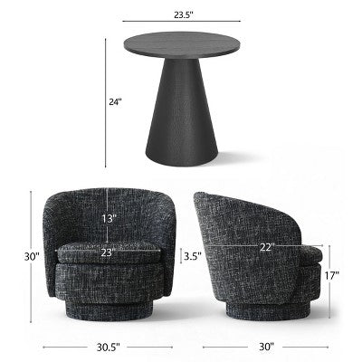 3-Piece Modern Seating Set with 2 Swivel Barrel Accent Chairs and Black Pedestal Round Side Table for Living Room or Reading Corner-Panipeachy
