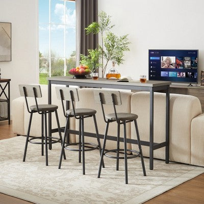 Industrial 4PCS Long Bar Table Set with 3 PU Upholstered Bar Stools, 4L -ModernLuxe