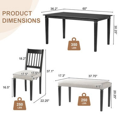 Farmhouse Dining Room Set for 6, 6 Pieces Wooden Rectangular Table and 4 Chairs with Bench for kitchen