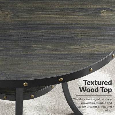 Biony 3-Piece 36 Round Espresso Finish Bar Table with 2 Gray Fabric Nail Head Pub Chairs