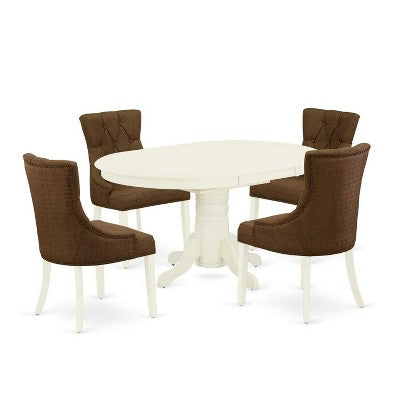 HomeStock 5-Piece Oval Linen White Finish Solid Wood Top Dining Table with 4 Parson Chair with Butterfly Leaf