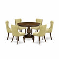 HomeStock 7-Piece Round Distressed Jacobean Finish Solid Wood Top Dining Table with 6 Parson Chairs