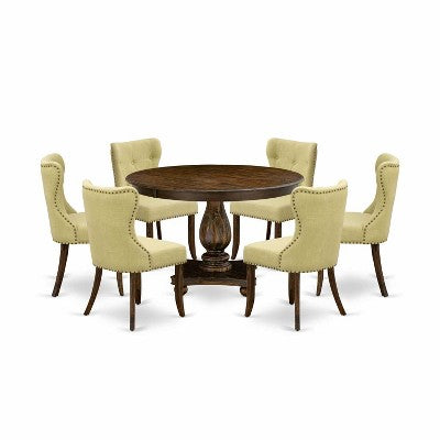 HomeStock 7-Piece Round Distressed Jacobean Finish Solid Wood Top Dining Table with 6 Parson Chairs