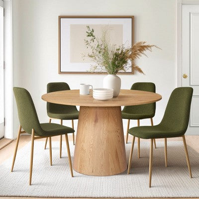 5-Piece Oak Round Dining Table Set, 46 Pedestal Table with 4 Upholstered Dining Chairs, Modern Dining Room Furniture-Panipeachy