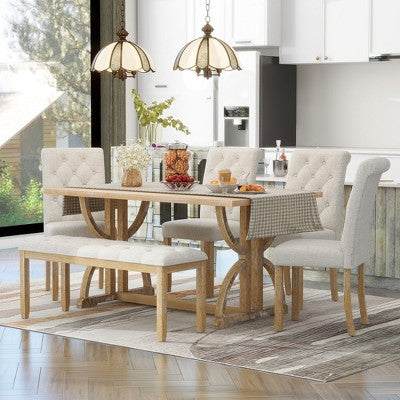 Farmhouse Dining Set for 4, Rectangular Kitchen Table Set with 4 Upholstered Chairs and Bench