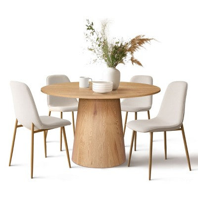 5-Piece Oak Round Dining Table Set, 46 Pedestal Table with 4 Upholstered Dining Chairs, Modern Dining Room Furniture-Panipeachy