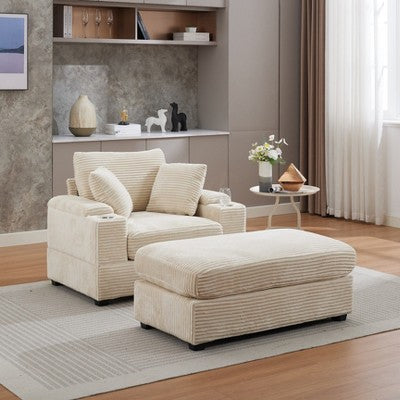 GDFStudio Ulen Modern Corduroy Upholstered Storage Chair with Ottoman and Detachable Cushions