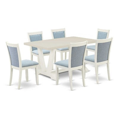 HomeStock 7-Piece Wire Brushed Linen White Finish Solid Wood Top Dining Table with 6 Chairs