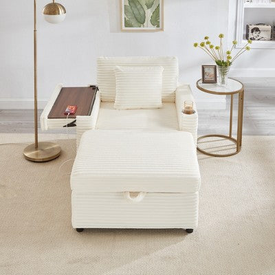 GDFStudio Tenley Modern Chenille Accent Chair with Storage Ottoman, Cup Holder and Convertible Armrest Table