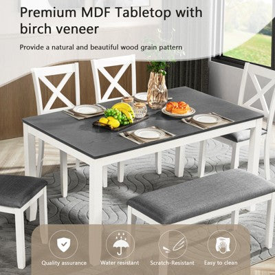 GDFStudio Callan Farmhouse Wood Upholstered 6 Piece Dining Set with Bench