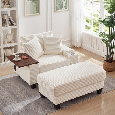 GDFStudio Siesta 42 Modern Corduroy Chair with Ottoman and Hidden Swivel Table