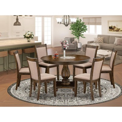 HomeStock 7 Piece Round Dining Set Dark Khaki Linen Fabric Chairs