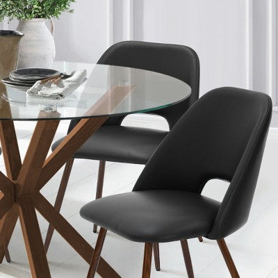5-Piece Round Glass Dining Table Set with Faux Leather Chairs, Modern Kitchen Table Set with Walnut Legs for 4-Panipeachy
