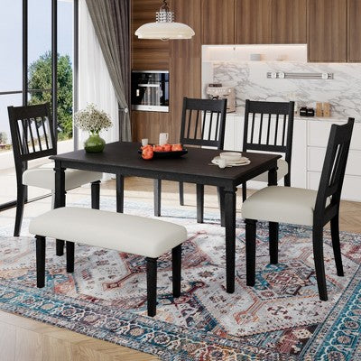 Farmhouse Dining Room Set for 6, 6 Pieces Wooden Rectangular Table and 4 Chairs with Bench for kitchen