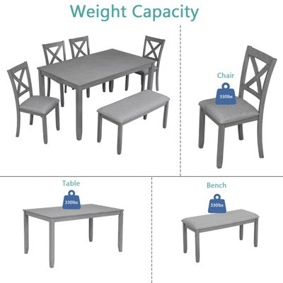 GDFStudio Callan Farmhouse Wood Upholstered 6 Piece Dining Set with Bench