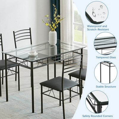 VECELO 5 Piece Dining Table Set with Glass Top Table & 4 Upholstered Chairs, Kitchen Rectangular Table Set Brown/Black