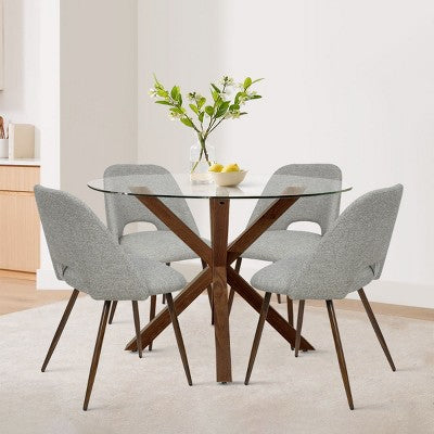 5-Piece Round Glass Dining Table Set with Upholstered Fabric Chairs, Modern Kitchen & Dining Room Furniture with Walnut Legs-Panipeachy