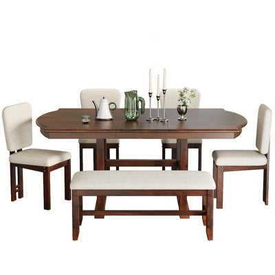 ModernLuxe 6 Piece Extendable Dining Table Set for 6, Traditional Dining Set Kitchen Table Set with 4 Upholstered Dining Chair & Bench, Espresso+Beige