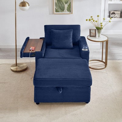 GDFStudio Tenley Modern Chenille Accent Chair with Storage Ottoman, Cup Holder and Convertible Armrest Table