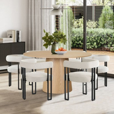 7-Piece Round Dining Table Set with 6 Upholstered Chenille Chairs, 52 Modern Pedestal Table with Metal Leg Dining Chairs for Kitchen-Panipeachy