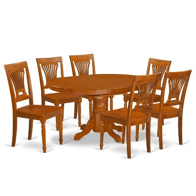 7-Piece Oval Saddle Brown Finish Solid Wood Top Dining Table with 6-Chairs with