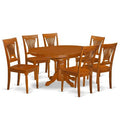 7-Piece Oval Saddle Brown Finish Solid Wood Top Dining Table with 6-Chairs with