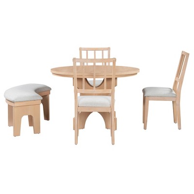 5-piece Rustic Charm Round Dining Set with 3 Upholstered Chairs and Curved Bench for Dining Room, Kitchen and Living room-ModernLuxe