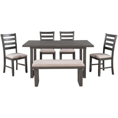 6-Piece Rustic Wood Dining Table Set with Chairs and Bench,Gray-ModernLuxe