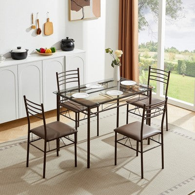 VECELO 5 Piece Dining Table Set with Glass Top Table & 4 Upholstered Chairs, Kitchen Rectangular Table Set Brown/Black