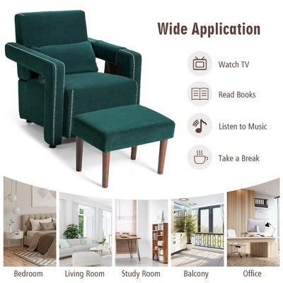 Costway Modern Berber Fleece Single Sofa Chair w/ Ottoman & Waist Pillow Red\Blue\Black\Green\Orange