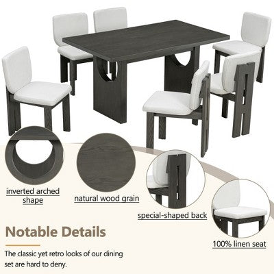 7-Piece Retro Dining Set, 1 Rectangular Table with Designed Trestle Base and 6 Upholstered Chairs - ModernLuxe
