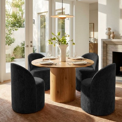 Dining Table Set for 4, Modern Barrel Chair with Wheels and Chenille Upholstery, Round Pedestal Table for Small-Dining Areas-Panipeachy